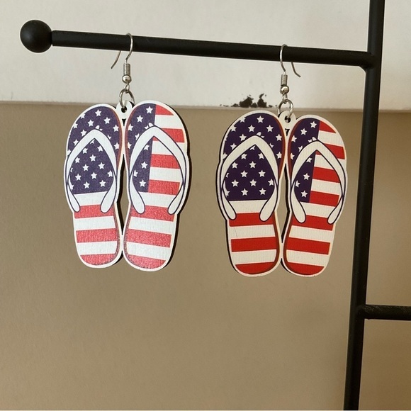 3 For $25 Patriotic Beach Style Classic Flip Flop Wooden Dangle Earrings - Picture 6 of 9